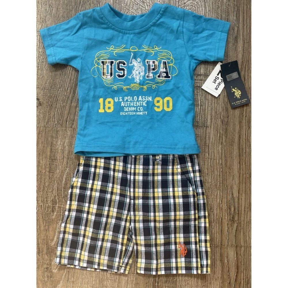 US Polo Boys Plaid Short Set Blue Yellow Sz 12 Months
